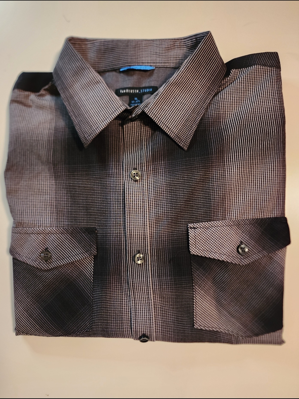Van Heusen Men's Black Micro-Check Button-Down Shirt 100% Cotton